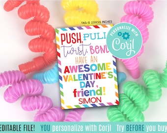 Editable Fidget Sensory Valentine's Day Printable Gift Tags, Non Food Push Pull Twist Bend Valentines Friend Class Pop Tube Toy Classmates