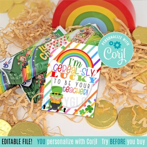 Etiquetas imprimibles editables del día de San Patricio del maestro, regalo de agradecimiento al estudiante del maestro, barra de cereales afortunada de ser su etiqueta de aula de maestro