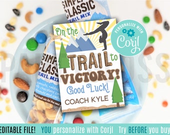 Editable Gymnastics Trail Mix Printable Gift Tags, On The Trail To Victory Good Luck Gymnast Gymnastic Team Practice Meet Match Camp Snacks