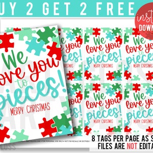 Etichette regalo stampabili We Love You To Pieces, puzzle regalo Merry Christmas Tag Puzzle per insegnanti, rompicapo Quiz Bowl PTA PTSA Theme