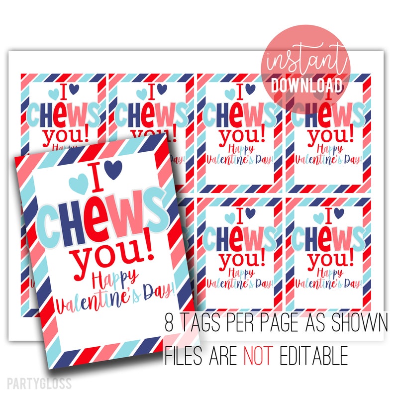 I Chews You Valentine's Day Printable Tags Chewy Valentine - Etsy