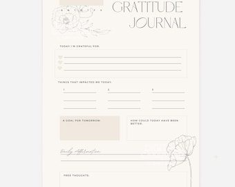 May include: A printable gratitude journal with a floral design. The journal includes prompts for daily reflection, such as things you are grateful for, things that impacted you today, a goal for tomorrow, how today could have been better, a daily affirmation, and free thoughts.