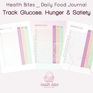 Könnte beinhalten: Ein druckbares tägliches Ernährungstagebuch mit Abschnitten zur Verfolgung von Blutzuckerspiegeln, Hunger und Sättigung. Das Tagebuch ist in einem rosa, grünen und weißen Farbschema gestaltet und enthält den Text "Health Bites_ Daily Food Journal Track Glucose, Hunger & Satiety".