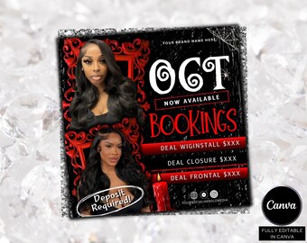 May include: A promotional graphic with two women and text. The black background features the word "OCT" and "BOOKINGS" in white and red, respectively. The text "Deposit Required!" is also present. The graphic promotes hair services.