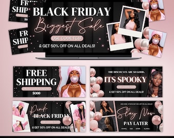 Op de afbeelding: Tien bewerkbare Black Friday-websitebanners met roze en zwarte kleurschema's. De banners bevatten tekst zoals "Black Friday Biggest Sale", "Gratis verzending", "Het is spooky" en "Slay Now Pay Later".