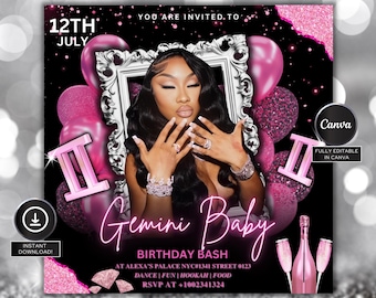 Pink Gemini Birthday Flyer, Gemini Bash Flyer, Birthday flyer, Birthday Girl, Party Flyer,Celebration Flyer, Birthday Event,Pink Birthday