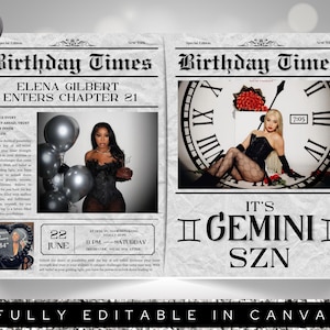 Peut inclure: Une carte d'anniversaire de style journal en noir et blanc avec le titre "Birthday Times". La carte présente une photo d'une femme en corset noir et bas résille assise sur un cadran d'horloge. Le texte "It's Gemini SZN" est imprimé en lettres noires grasses.