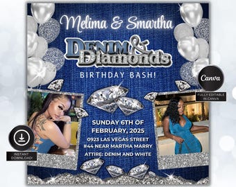 Denim and Diamonds Birthday invitation,Editable Denim Birthday Dinner Invites,denim and diamonds Party Invite, Canva Template,Birthday flyer
