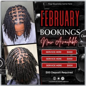 Flyer de Locs & Styles de fevereiro, Flyer de Dread Locks de mídia social, Flyer de cabelo, Flyer de tranças, download instantâneo