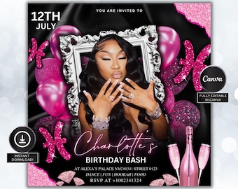 Pode incluir: Um convite para uma festa de aniversário rosa e preto com uma foto de uma mulher em uma moldura prateada. O convite inclui o texto "12th July", "Charliette's Birthday Bash", "At Alexa's Palace NYC#1341 Street 0123", "Dance | Fun | Hookah | Food", e "RSVP at +1002341324".