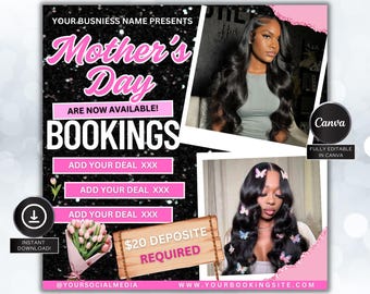 Mothers Day Booking Flyer, May Booking Flyer, May Books open, Hair Braids Nails Lashes MUA Wig, Book Now Flyer, May Appointment Flyer