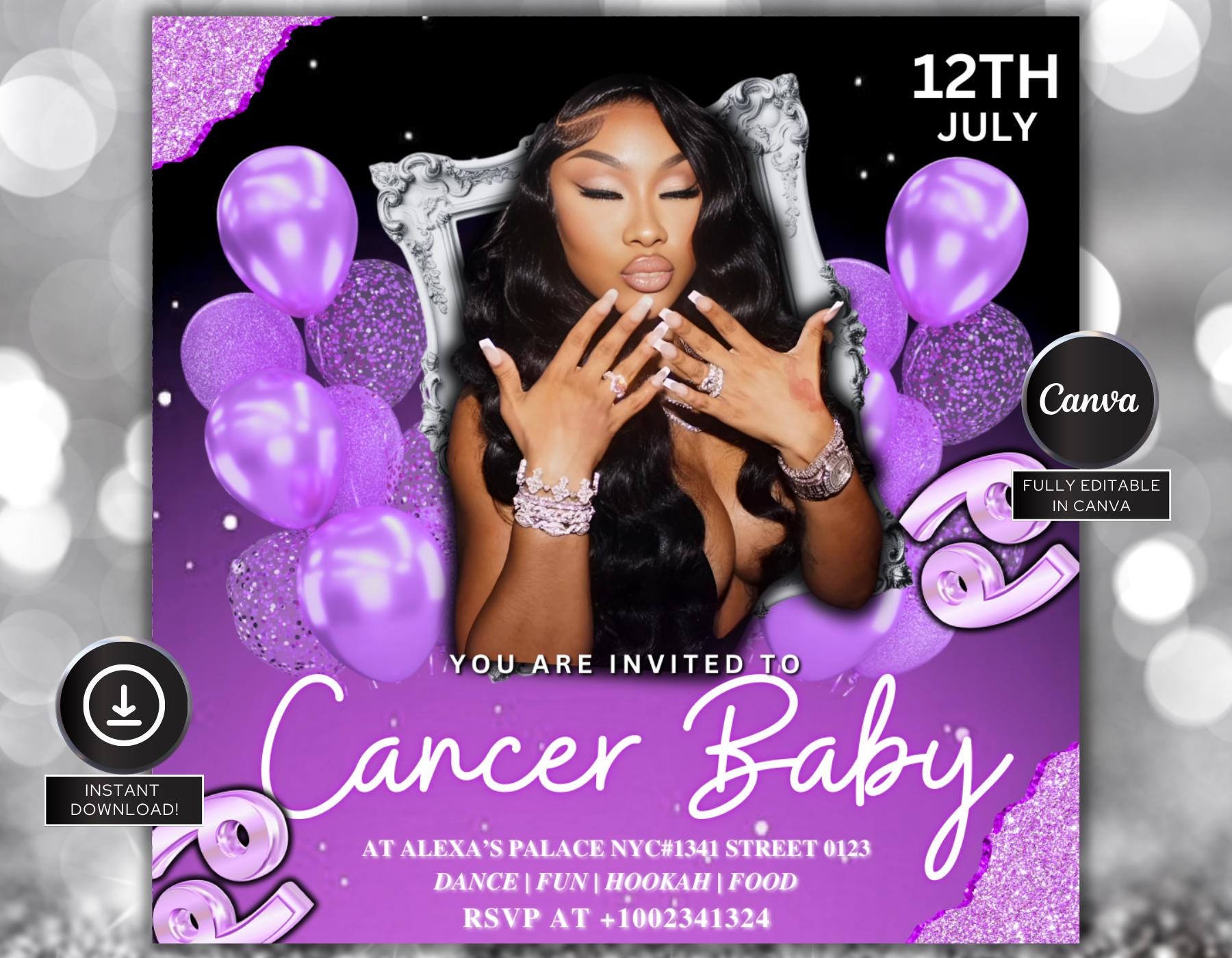 Purple Cancer Birthday Flyer, Cancer Bash Flyer, Birthday flyer, Party Flyer,Celebration Flyer, Birthday Event,Purple Birthday