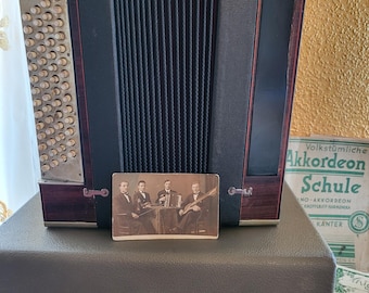 Rare Antique Button Accordion Germany c.1930s with 1929 Photo, Sheet Music & 1935 Book