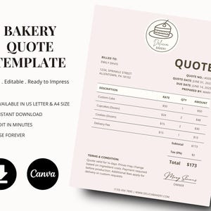 May include: A pink bakery quote template with the text "Bakery Quote Template" and a logo. The template includes sections for billing, description, rate, quantity, and amount. It also features a Canva logo and download icon.