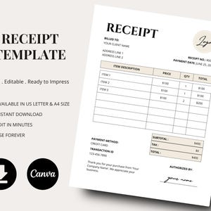 Professional Receipt Template | Editable Canva Receipt | Small Business Billing | Printable PDF | Aesthetic Receipt Canva Template