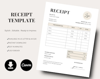 Editable Receipt Template | Minimalist Business Invoice (Canva, PDF)