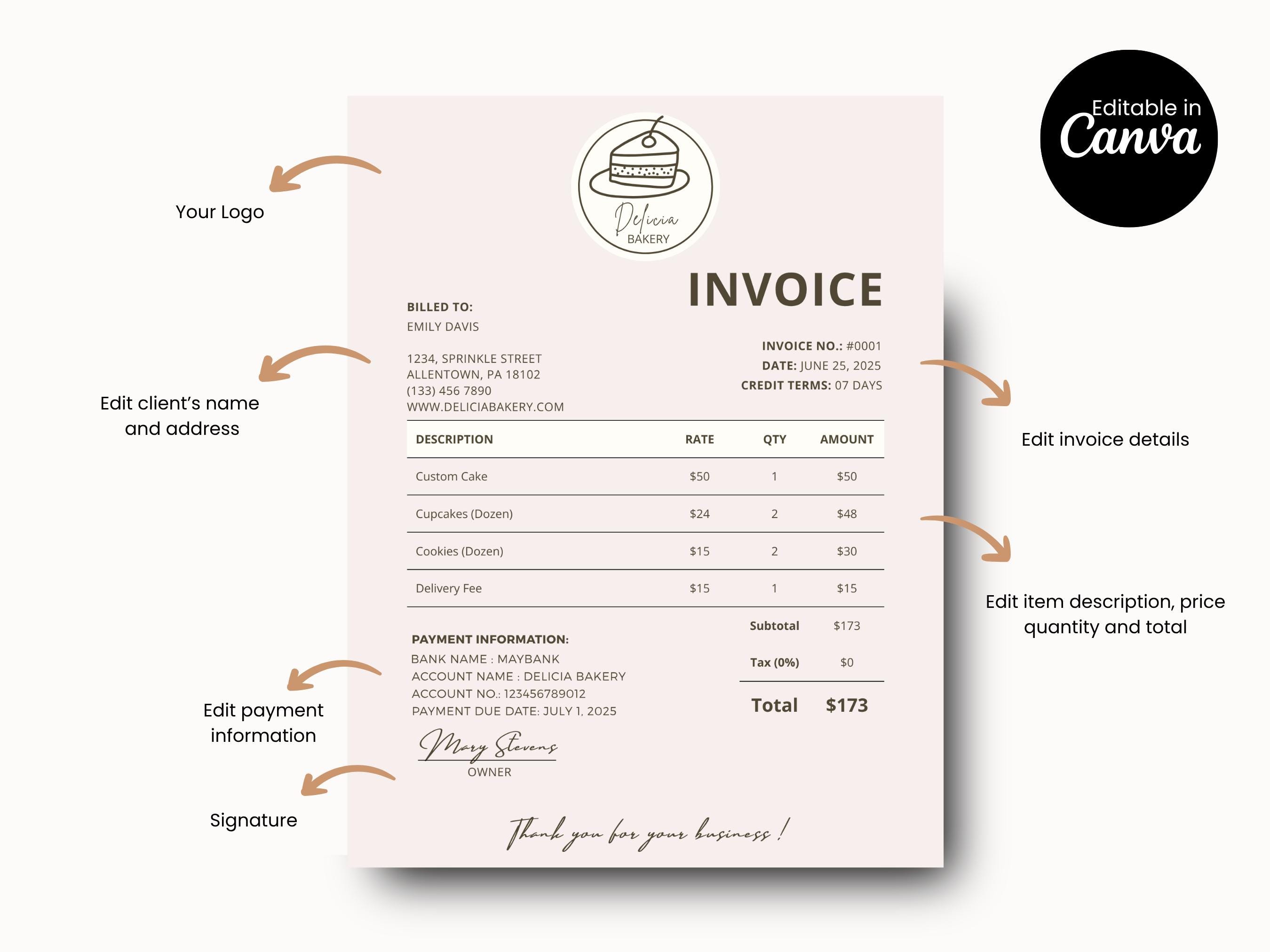 Editable Bakery Invoice Template | Canva Receipt (PDF) - Etsy