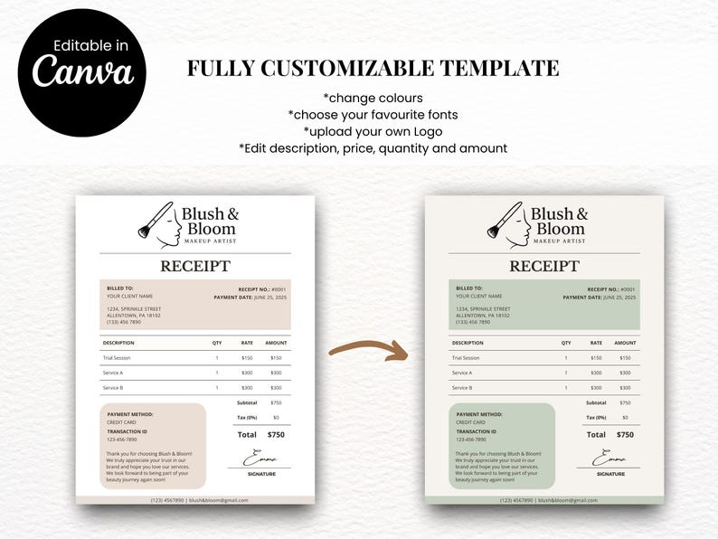 Editable MUA Receipt Template | Pink Aesthetic Billing Form (canva) - Etsy
