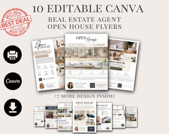Op de afbeelding: Een verzameling van tien bewerkbare Canva open huis flyers voor makelaars. De flyers tonen interieur- en exterieurfoto's van huizen, agentfoto's en QR-codes. Het ontwerp bevat de tekst "Open House" en "Best Deal" stempels.