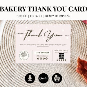 May include: A pink bakery thank you card with the words "Thank You" in elegant script. The card includes the text "Thank you for supporting our bakery" and social media icons. The card is on a textured surface.