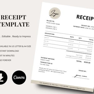 Professional Receipt Template | Editable Canva Receipt Template | Small Business Billing | Printable PDF | Aesthetic Colors Receipt