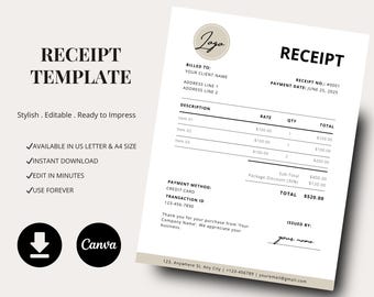 Editable Canva Receipt Template | Small Business Billing (Printable PDF)