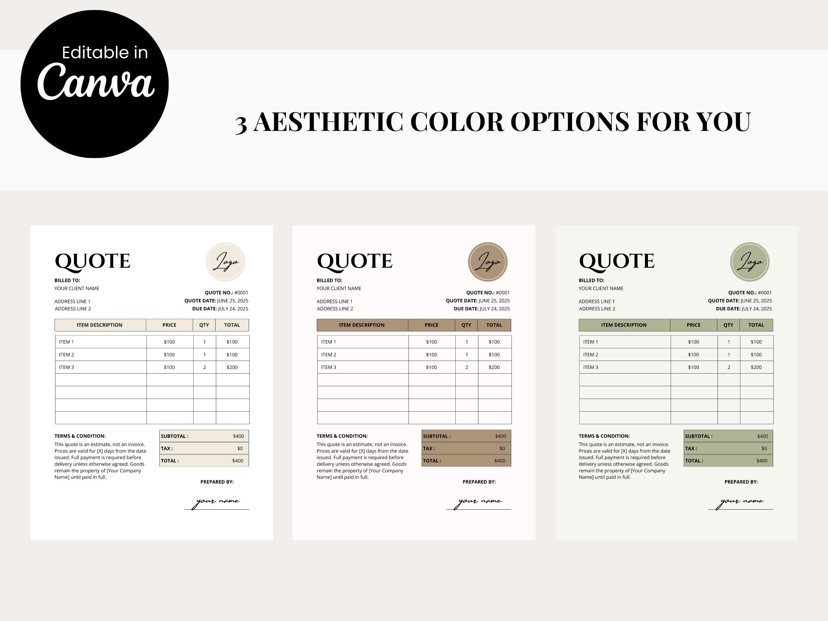 Editable Business Quotation Template: Minimalist Design, 3 Color ...