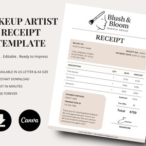 Peut inclure: Modèle de reçu pour maquilleur avec le texte "Blush & Bloom" et un logo de pinceau de maquillage. Le reçu comprend des champs pour les informations du client, les services et les détails de paiement. Disponible en formats US Letter et A4.