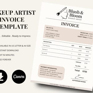 May include: A makeup artist invoice template with the text "MAKEUP ARTIST INVOICE TEMPLATE". The invoice includes sections for billing, description, quantity, rate, and amount. The template is available in US Letter and A4 sizes.