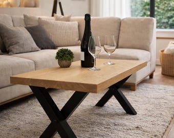 Solid Oak Coffee Table – Handmade Modern Wood Table with Black Metal Legs – Luxury Living Room Furniture – Housewarming Gift