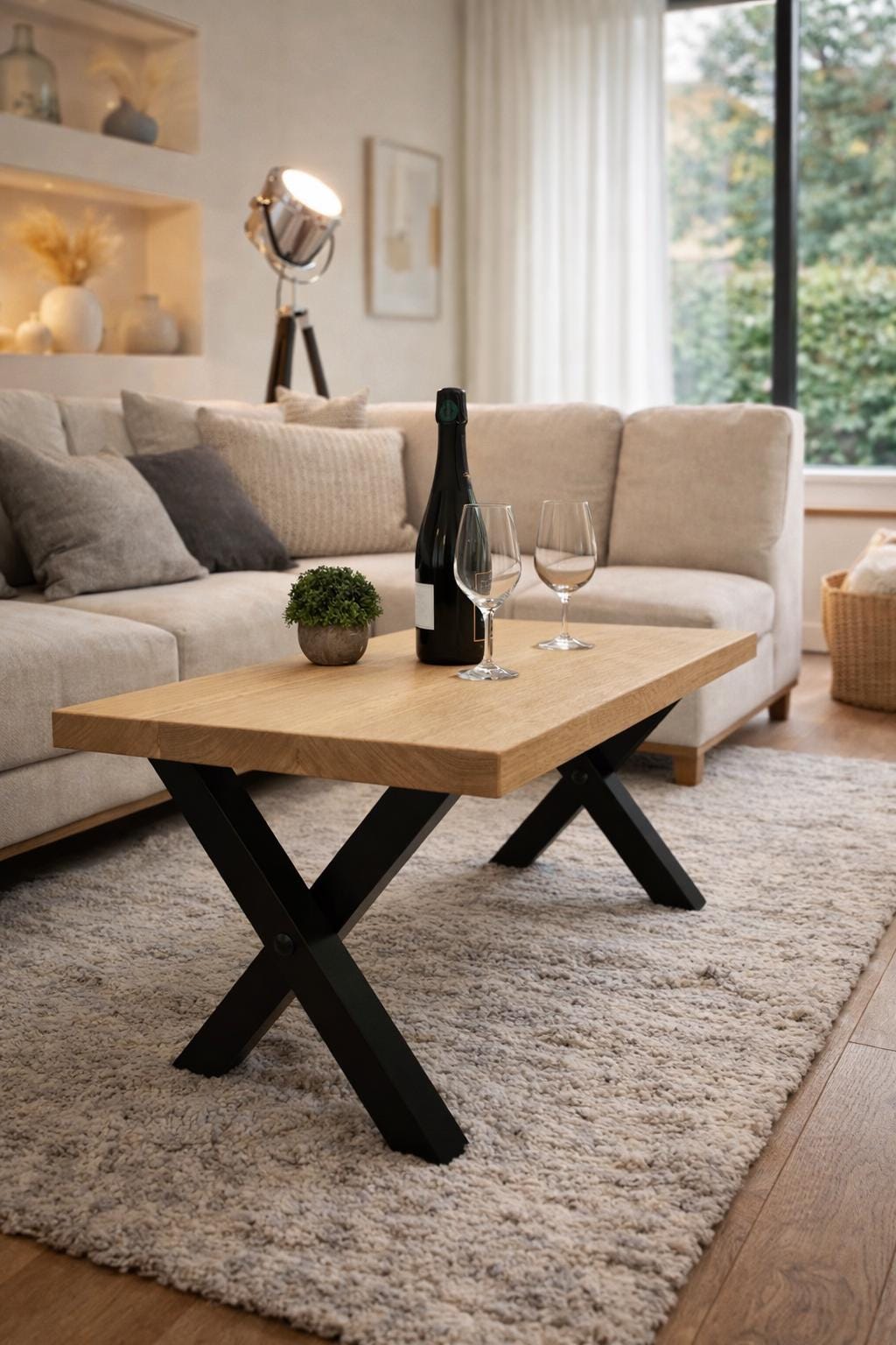 Table Basse Chêne Massif Et Métal-Table De Salon Artisanale-Table Design Bois Massif-Mobilier Moderne-Cadeau Crémaillère