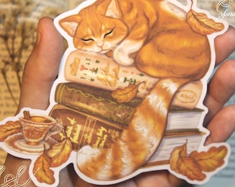 Cottagecore-sticker schoolse kattensticker rode kat dut op klassieke boeken voor alle liefhebbers van gezellige cottagecore en oude boeken