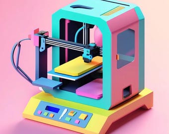 May include: A colorful 3D printer with a blue and pink base, a turquoise body, and a black and white print bed. The printer has a blue and pink filament spool holder and a blue and pink filament guide.