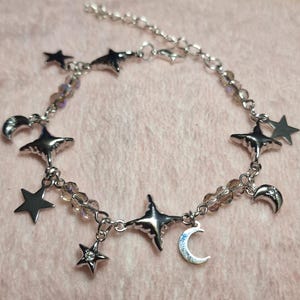 Handmade Stainless Steel Charm Bracelet, Silver Celestial Bracelet with Gemstones, Glass Beads, Moon Charms lilac beads charms