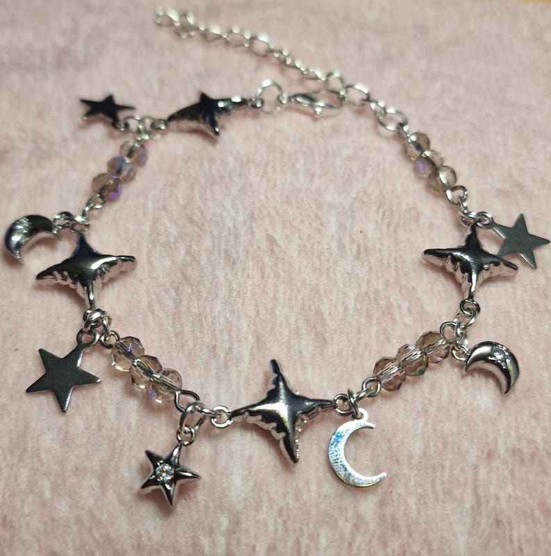 Handmade Stainless Steel Charm Bracelet, Silver Celestial Bracelet with Gemstones, Glass Beads, Moon Charms lilac beads charms