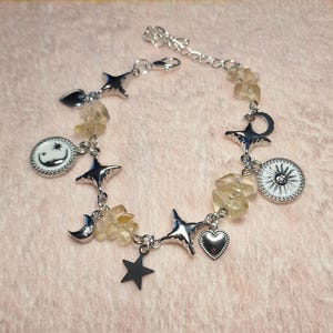 Handmade Stainless Steel Charm Bracelet, Silver Celestial Bracelet with Gemstones, Glass Beads, Moon Charms yellow chip charms