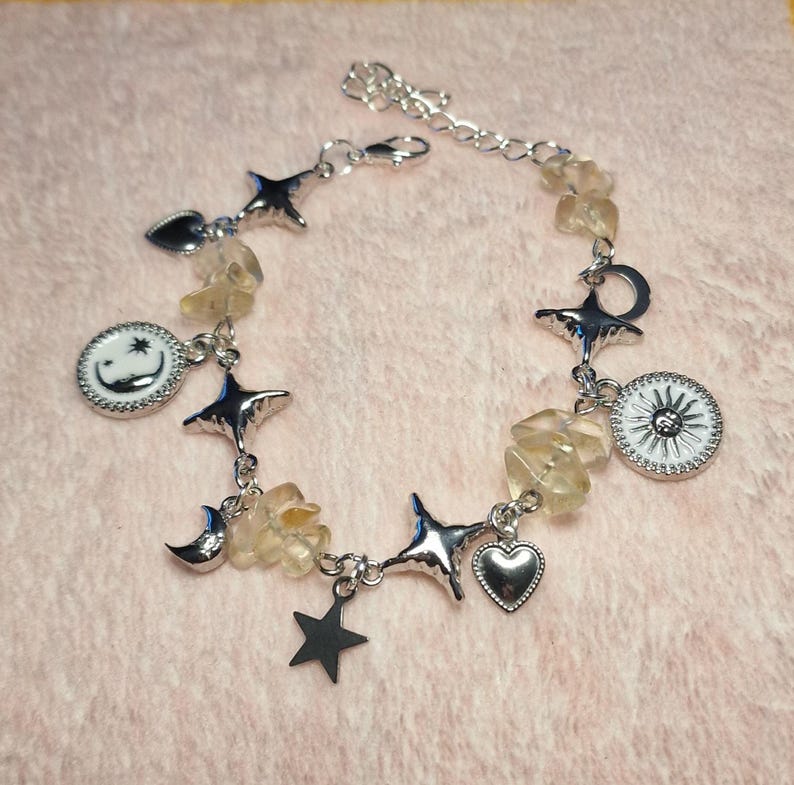 Handmade Stainless Steel Charm Bracelet, Silver Celestial Bracelet with Gemstones, Glass Beads, Moon Charms yellow chip charms