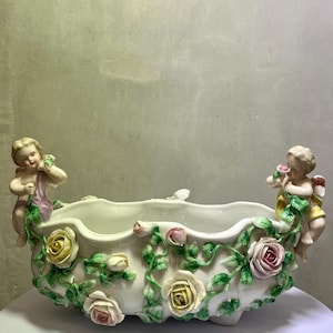 Antique Sitzendorf Porcelain Cherub Basket – Hand-Painted Germany, Late 19th Century