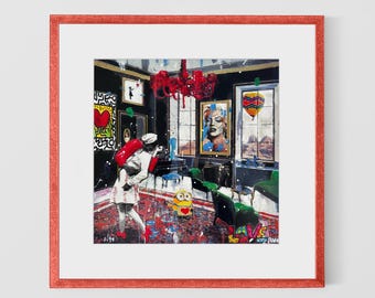 Framed Pop Art painting in Wooden Frame | Colorful Home Art | Contemporary Wall Decor  | Limited Edition Italian Artwork | Renè