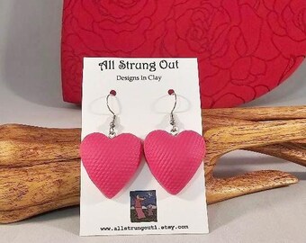 Puffy Heart Dangle Earrings - Dandelion Fluff Design - Textured Polymer Clay - Love Inspired - Four Color Choices - Valentine's Day Gift