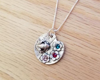 Frog On A Lilypad Sterling Necklace - Sterling Silver Flowers - Swarovski Birthstone Crystal - Stamped Jewelry - Mom Jewelry