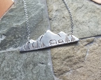 Hand Stamped Mountains Aluminum Necklace / Hand Stamped Mama & Baby Bear In Forest / Hand Stamped Bear Necklace / Nature Inspired Jewelry