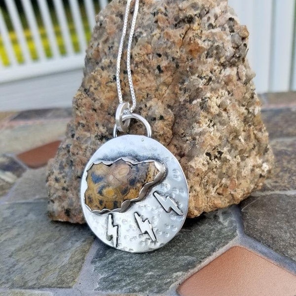 Storm Cloud Sterling Silver Pendant Necklace - Rose of Chihuahua Cabochon - Sterling Lightning Bolts - Ready To Ship