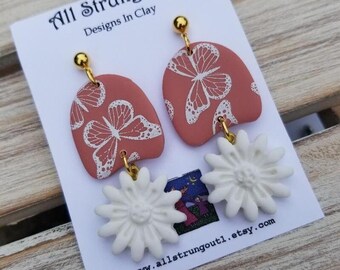 Dusty Rose Butterflies & Daisy Dangle Earrings - Polymer Clay - Handmade - Nature Inspired - Blooms and Butterflies Collection