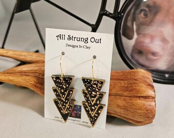 Triangle Chevron Dangle Earrings - Black Polymer Clay - Gold Accents - Nature Inspired - Ready To Ship