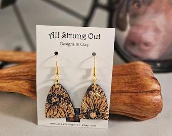 Textured Sunflower Dangle Earrings - Black Polymer Clay - Gold Accents - Nature Inspired - Ready To Ship