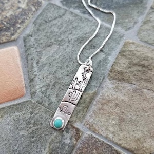 Southwest Saguaro Cactus Pendant Necklace - Turquoise Gemstone - Sterling Silver - Stamped Jewelry - Southwest Inspired