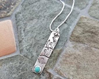 Southwest Saguaro Cactus Pendant Necklace - Turquoise Gemstone - Sterling Silver - Stamped Jewelry - Southwest Inspired