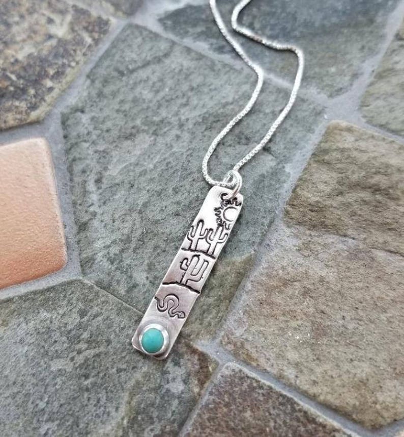 Southwest Saguaro Cactus Pendant Necklace Turquoise Gemstone Sterling Silver Stamped Jewelry Southwest Inspired image 1