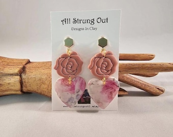 Rose & Heart Dangle Post Earrings - Polymer Clay - Brass - Love Inspired - Valentine's Day Gift - Ready To Ship